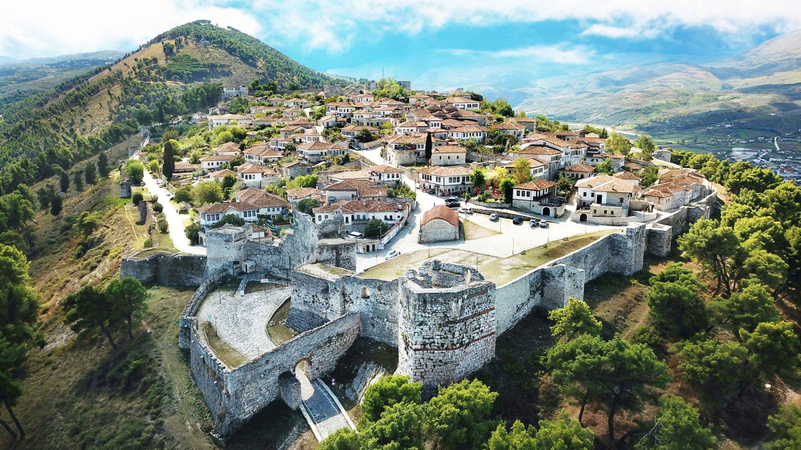 City of berat in Albania, this is a birds eye view, with around the world top 5. A city on a mountain top